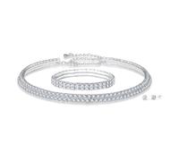 MGJ™ Crystal Row Necklace Bracelet & Stud Earrings Hypoallergenic Single/Double Silver Jewellery Gifts for Her (Double Row)