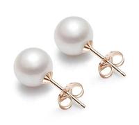 MGJ™ Pearl Stud Earrings, 8mm Austrian Pearl, Brass with Rose Gold or 18K White Gold Plated, Classic Round Design in Ready to Gift White Gift Pouch (Rose Gold, Happy Birthday)