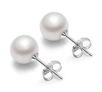 MGJ™ Pearl Stud Earrings, 8mm Austrian Pearl, Brass with Rose Gold or 18K White Gold Plated, Classic Round Design in Ready to Gift White Gift Pouch (Silver, Happy Birthday)
