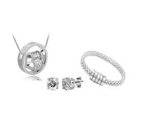 MGJ™ Women Three Piece Crystal Jewelry Set, Silver and Rose Gold, Austrian Crystal Encrusted Pendant, Bracelet and Earrings Christmas Jewellery Gifts For Her (Silver)
