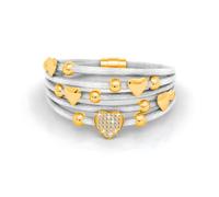 MGJ™ Women's Leather Charm Bracelet with Swarovski Crystals - Comes with White Gift Box, Bag & Christmas Card - Hypoallergenic Heart Design Jewellery for Her (White Leather Gold)