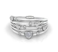 MGJ™ Women's Leather Charm Bracelet with Swarovski Crystals - Comes with White Gift Box, Bag & Christmas Card - Hypoallergenic Heart Design Jewellery for Her (White Leather Silver)