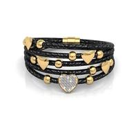 MGJ™ Women's Leather Charm Bracelet with Swarovski Crystals - Comes with White Gift Box, Bag & Christmas Card - Hypoallergenic Heart Design Jewellery for Her (Black Leather Gold)