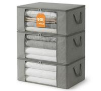 MGL 90L Large Clothes Storage Bags, Heavy Duty Thickened Fabric Organizer with Reinforced Handles & Strong Zippers, Clear Window Foldable Bag for Bedding, Blankets, Duvets - Grey - Pack of 3