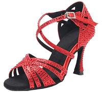 MGM-Joymod Women's Peep Toe Cross Strap Rhinestones Social Tango Ballroom Latin Modern Dance Shoes Wedding Party Sandals (Dark Red 9cm) 6 M UK