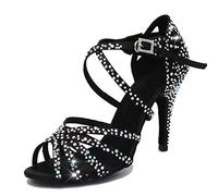 MGM-Joymod Women's Peep Toe Cross Strap Rhinestones Social Tango Ballroom Latin Modern Dance Shoes Wedding Party Sandals (Black) 2 M UK