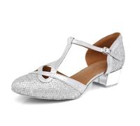 MGM-Joymod Womens T-Starp Synthetic Evening Wedding Tango Ballroom Modern Latin Dance Shoes (Silver 3.5cm) 7 M UK