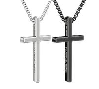 mgmooa 2 Pcs Silver Black Cross Necklace for Men - Stainless Steel Bible Verse Cross Pendant with Inspirational Quote, Box Chain, Jewelry Gift for Men Boys