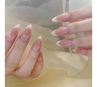 Mgmxbsth 24PCS Enumerated Medium Pressed Nail,Fake Nails, French Tip False Nails, Stick On Nails, Almonds Tip Full Coverage Gel Adhesive Nail, Suitable for Women and Girls(Pink Blusher)