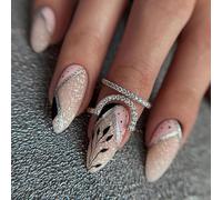 Mgmxbsth 24PCS Enumerated Medium Pressed Nails,Fake Nails, French Tip False Nails, Stick On Nails, Almond Tip Full Coverage Gel Adhesive Nail, Suitable for Women and Girls(Bicolour Black Leaf)