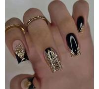 Mgmxbsth 24pcs French Tip False Nails, Acrylic French Stick on Nails, Medium Length Press On Nails with Glue Elegant White Tips Design Faux Acrylic Nail Stickers for Women Girls（Gold and Black）