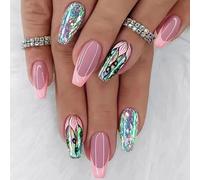 Mgmxbsth 24PCS Medium Pressed Nails False Nails, Glittering Stick On Nails, Pink Almonds Tip Full Coverage Gel Adhesive Nail, Suitable for Women and Girls(Lotus Flower)