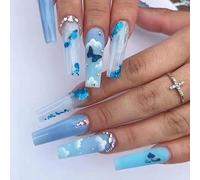 Mgmxbsth 24Pcs Press on Nails Long, Bule Hand Drawn Nails Glossy Fake Nails, Glue on Nail Square False Nails with Designs Stick on Nail for Women (Bule Sky Butterfly)