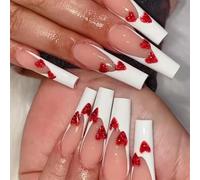 Mgmxbsth 24Pcs Square Fake Nails,Red and White Press on Nails,Heart Beat Glossy Fake Nails, Stick on Nails with Designs Stick for Women and Girls (Romantic House)