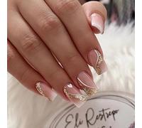 Mgmxbsth 24PCS Square Pressed on Nails,Golden Pink Fake Nails, French Tip False Nails, Stick On Nails, Sexy Girl Full Coverage Gel Adhesive Nail, Suitable for Women and Girls(Golden Line)