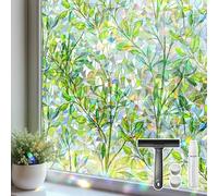 Mgood Stained Glass Window Film Privacy Film for Glass Windows Green Leaf Pattern Rainbow Window Film Decorative Anti UV Static Cling Window Vinyl for Home Bedroom, 44.3x200cm