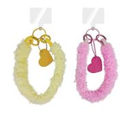 MGQILING 2PCS Plush Wristband With Phone Tether Tab, Cute Plush Phone Strap with Love Heart Tag, Hanging Accessory Anti-loss Phone Lanyard for Women Girls-Pink Yellow