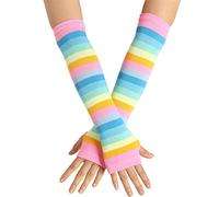 MHADBKH Women Girl Knitted Over Elbow Long Arm Warmers US Rainbow Stripes Patchwork Party Fingerless Gloves With Thumb Hole