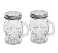 MHAHUPDV 2PCS Skull Spice Jars with Lids 100ml Skull Shaped Glass Spice Jars with Handle for Salt Pepper Herbs and Halloween Décor Includes Rack Stylish Kitchen Storage Solution