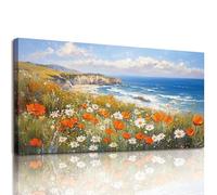 MHARTK66 Canvas Wall Art for Living Room Large, 23"x47" XXL Blue Sea and Flowers Modern Bedroom Decor Aesthetic, Pictures Prints Wall Decorations for Office Bathroom Hallway Dining Room