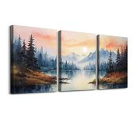 MHARTK66 Watercolour Canvas Wall Art for Living Room, Sunset Lake Landscape Printing Set of 3, Fall Forest Picture, Vintage Wall Decor Bedroom Study Office