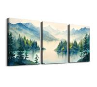 MHARTK66 Watercolour Teal Canvas Wall Art for Living Room, Lake Island Fog Landscape Printing Set of 3, Nature Forest Picture, Modern Wall Decor Bedroom Study Office