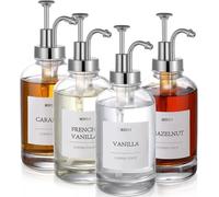 MHDCLY Coffee Syrup Dispenser, Coffee Bar Accessories, Set of 4 Syrup Dispensers 500ml Glass Bottles, 24 Labels and Funnel & Pump, Silver