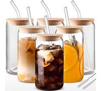 MHDCLY Glass Cups with Lids and Straws 6 pcs, 16 oz-Cute Tumbler,Beer Drinking Glasses,Clear for lcedCoffee, Tea with Bamboo Lids for Gifts