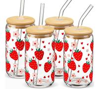 MHDCLY Glass Cups with Lids and Straws - Strawberry Design 4 Pcs, 16 oz Clear Drinking Glasses Set, Tumbler, Cute Iced Coffee Cups