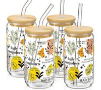 MHDCLY Glass Cups with Lids and Straws with Design 4 pcs（Daily Reminder）,Clear Glass Cups 16 oz-Glass Tumbler,Cute Design Glass Iced Coffee Cups Mental Health Positive