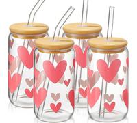 MHDCLY Glass Cups with Lids and Straws with Design Pink Hearts 4 pcs,Clear Glass Cups 16 oz-Glass Tumbler,Cute Glass Iced Coffee Cups with Lids and Straws