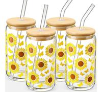 MHDCLY Glass Cups with Lids and Straws with Design Sunflower 4 pcs,Clear Glass Cups 16 oz-Drinking Glasses Set,Glass Tumbler,Cute Design Glass Iced Coffee Cups with Lids and Straws