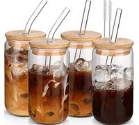 MHDCLY Iced Coffee Cup,Glass Cups with Lids and Straws,Drinking Glasses with Bamboo Lids and Glass Straw 4Pcs Set - 16Oz,Smoothie Cup,Beer Glasses,Clear Cute Tumbler Cup,Smoothie Cup