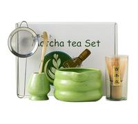 Mhekrep 5 Pieces Premium Matcha Set with Powder - Matcha Bowl, Bamboo Whisk and Matcha Spoon Filter Spoon Matcha Set - Complete Matcha Tea Set for Traditional Japanese Tea Ceremony (Green)