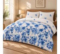 MHG Living Blue Blossom Breeze King Duvet Cover Set 230 x 220 cm with 2 Pillowcases - Reversible Blue Floral Bird Bedding, Soft Touch Breathable Quilt Cover with Corner Ties and Button Closure
