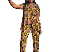 MHJHBBE African Print 2PC Set Short Sleeve Top with Wide Leg Pants Traditional Kente Pattern Plus Size Lounge sets for Women, Kente Print, 1XL Plus Size
