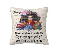 MHJUFGD Never Underestimate The Power Of A Girl With A Book Reading Pillow Covers Custom Portrait Name Reading Pillowcase For Sofa Bed Office Gifts For Book Lovers Christmas Birthday (style 1)