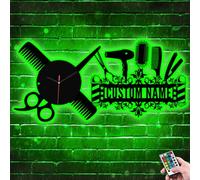 MHJUFGD Personalised Hairdresser Wall Clock With Led Light Custom Name Wall Clock Hairdresser Theme Metal Salon Sign Gifts For Hairdresser Christmas Birthday (style 26)