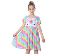MHJY Girls Nightdress Unicorn Girls' Nighties Princess Nightgown Sleepwear Night Dress Short Sleeve Nightwear for Kids Rainbow