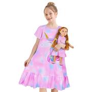 MHJY Girls' Nighties Kids Nightdress Doll and Gril Matching Nighty Short Sleeve Princess Night Dress Unicorn Nightgown Pajames for Toddler Pink