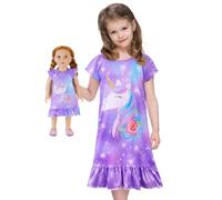 MHJY Girls' Nighties Kids Nightdress Doll and Gril Matching Nighty Short Sleeve Princess Night Dress Unicorn Nightgown Pajames for Toddler Teal