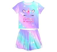 MHJY Girls Pyjamas Ruffled Short Sleeve PJs Sets Unicorn Pajamas 2 Pcs Shirt and Shorts Casual Girls' Nightwear Sleepwear Clothes, Purple, 9-10 Years