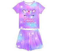 MHJY Girls Pyjamas Ruffled Short Sleeve PJs Sets Unicorn Pajamas 2 Pcs Shirt and Shorts Casual Girls' Nightwear Sleepwear Clothes, Purple, 9-10 Years