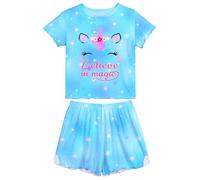 MHJY Girls Pyjamas Ruffled Short Sleeve PJs Sets Unicorn Pajamas 2 Pcs Shirt and Shorts Casual Girls' Nightwear Sleepwear Clothes, White Blue, 7-8 Years
