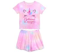MHJY Girls Pyjamas Ruffled Short Sleeve PJs Sets Unicorn Pajamas 2 Pcs Shirt and Shorts Casual Girls' Nightwear Sleepwear Clothes, White Blue, 5-6 Years