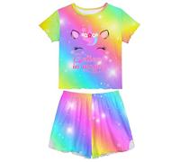 MHJY Girls Pyjamas Ruffled Short Sleeve PJs Sets Unicorn Pajamas 2 Pcs Shirt and Shorts Casual Girls' Nightwear Sleepwear Clothes, Blue Purple, 3-4 Years