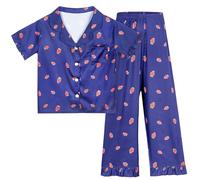 MHJY Girls Pyjamas Set 8-14 Years, Short Sleeve Button-Down PJs with Long Pants, Soft Pajamas Silky Sleepwear Nightwear gifts for teenage girls Deep Blue
