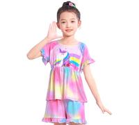MHJY Girls Pyjamas Set for Kids PJs 2 Pcs Short Sleeve Pajamas Top and Shorts for Toddler Children Nightwear Clothes Gifts, Pink Yellow Unicorn, 3-4 Years
