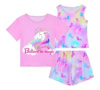 MHJY Girls Pyjamas Set for Kids Pjs 3 Pcs Vest Short Sleeve Top and Shorts Teenages Pajamas Summer Sleepwear Colthes for Ages 8-15
