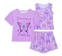 MHJY Girls Pyjamas Set for Kids Pjs 3 Pcs Vest Short Sleeve Top and Shorts Teenages Pajamas Summer Sleepwear Colthes for Ages 8-15